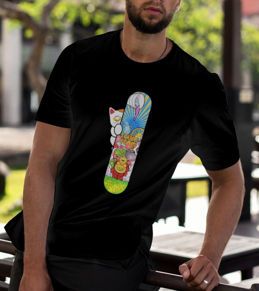 Stinc Team TGF Buddha Cat With Skateboard And Dripping Paint Aesthetic T-Shirt