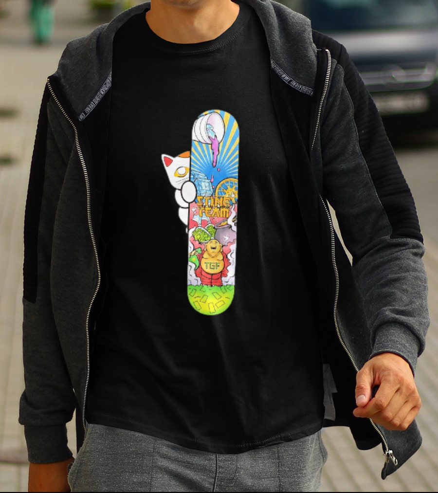 Stinc Team TGF Buddha Cat With Skateboard And Dripping Paint Aesthetic T-Shirt