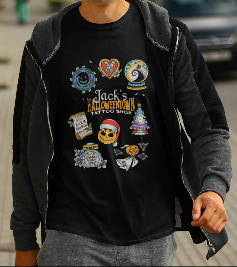Jack's Halloweentown Tattoo Shop Oogie Boogie Santa Skull Lock Shock Barrel T-Shirt