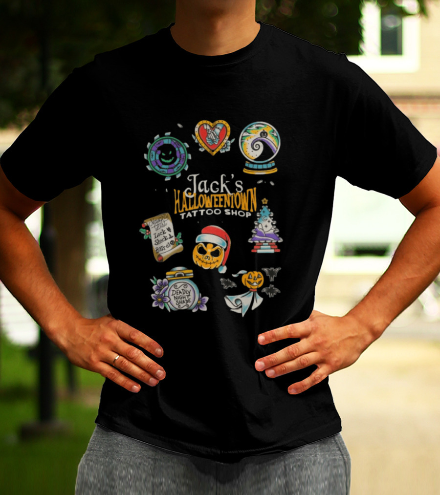 Jack's Halloweentown Tattoo Shop Oogie Boogie Santa Skull Lock Shock Barrel T-Shirt