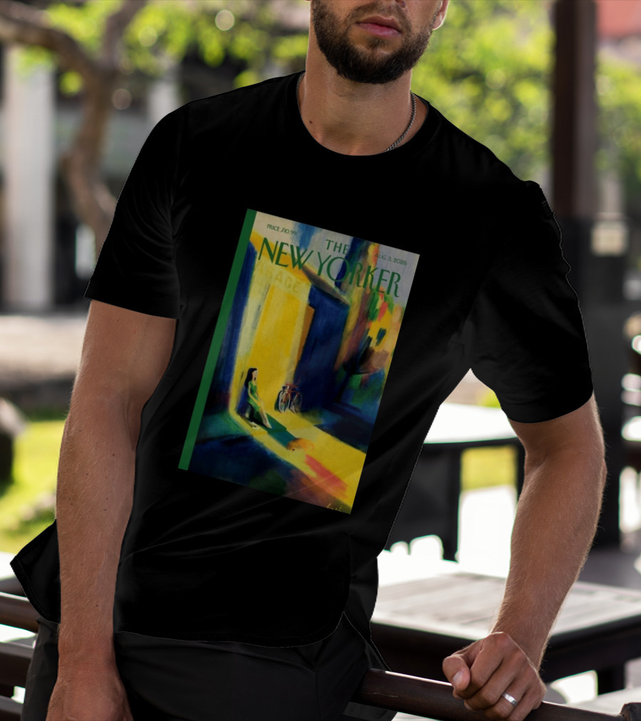 The New Yorker August 3 2026 Pierre Emmanuel Lyet Cover Art Female Figure With Bicycle In Vibrant Alley Scene T-Shirt
