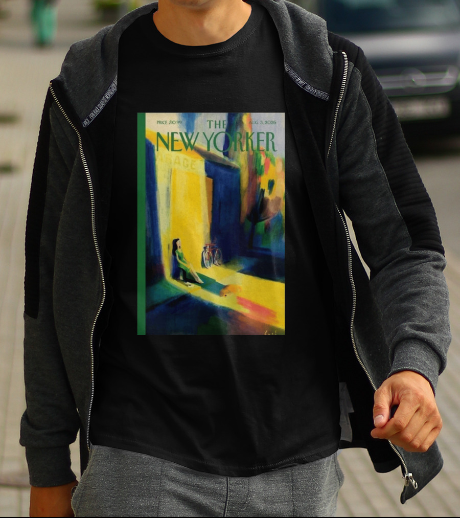The New Yorker August 3 2026 Pierre Emmanuel Lyet Cover Art Female Figure With Bicycle In Vibrant Alley Scene T-Shirt
