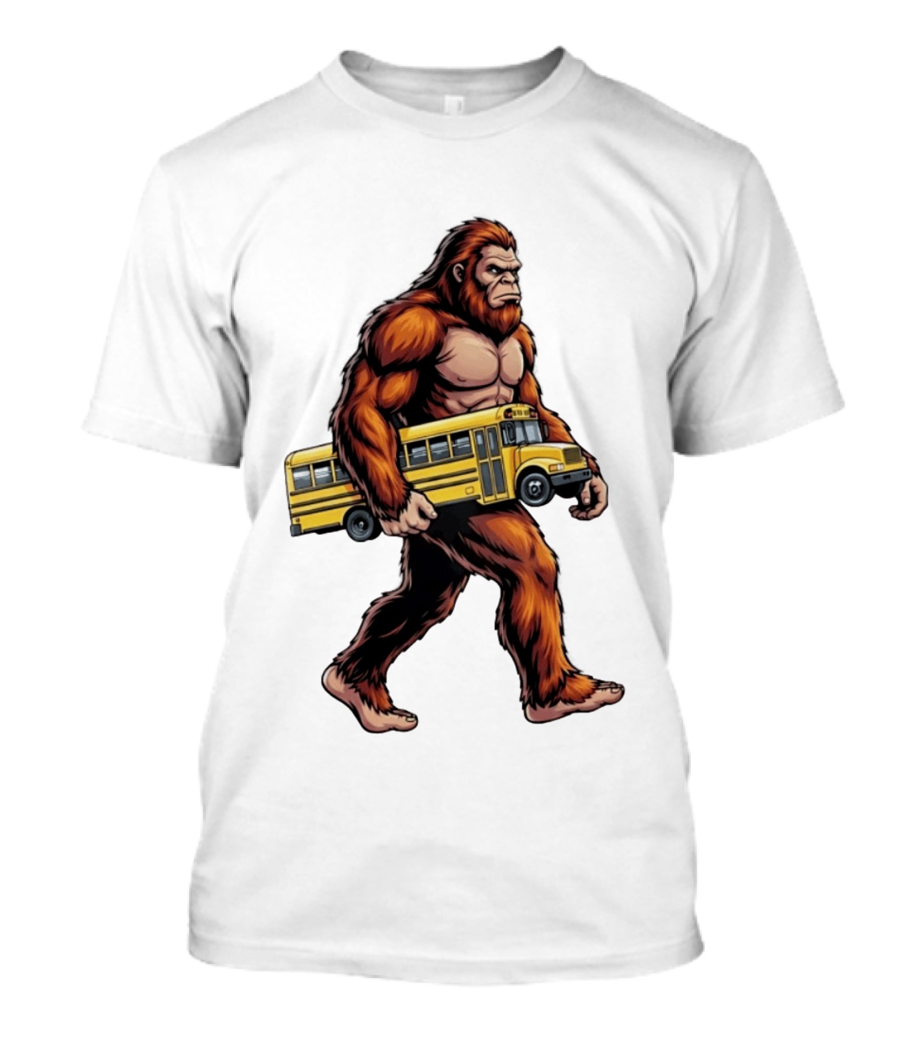 Bigfoot Sasquatch Carrying Yellow School Bus T-Shirt