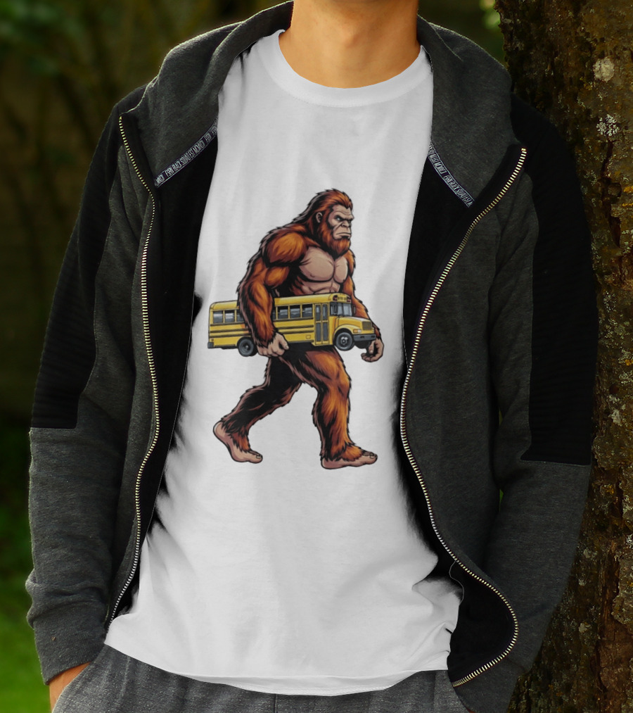 Bigfoot Sasquatch Carrying Yellow School Bus T-Shirt
