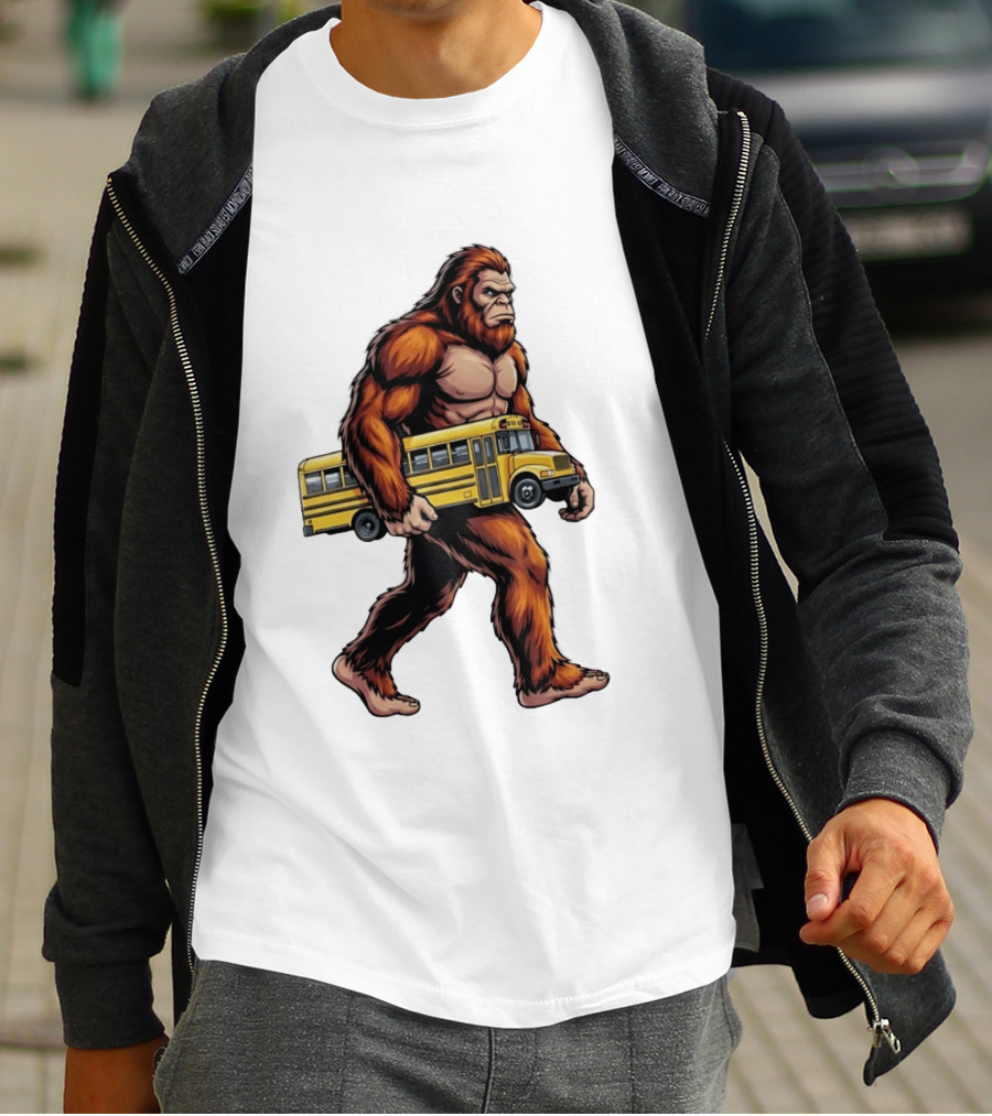 Bigfoot Sasquatch Carrying Yellow School Bus T-Shirt