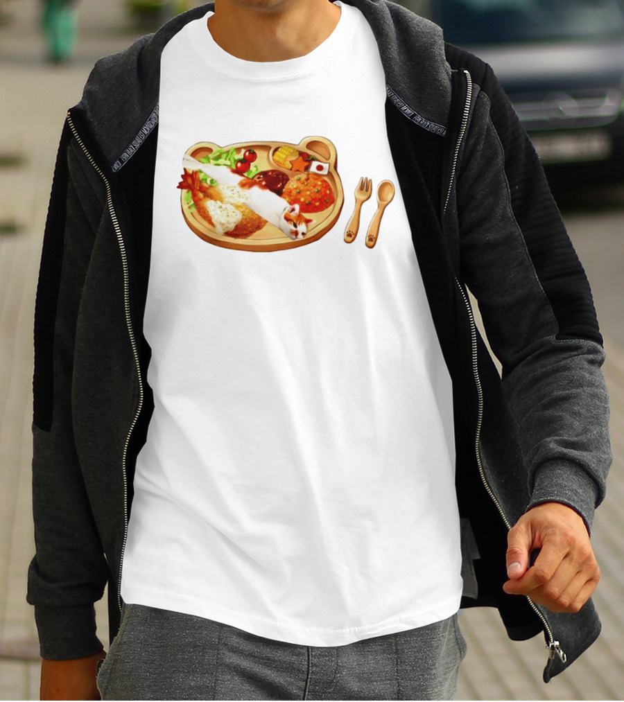 Cat Sushi On Bear Shaped Japanese Meal Plate With Shrimp And Rice T-Shirt