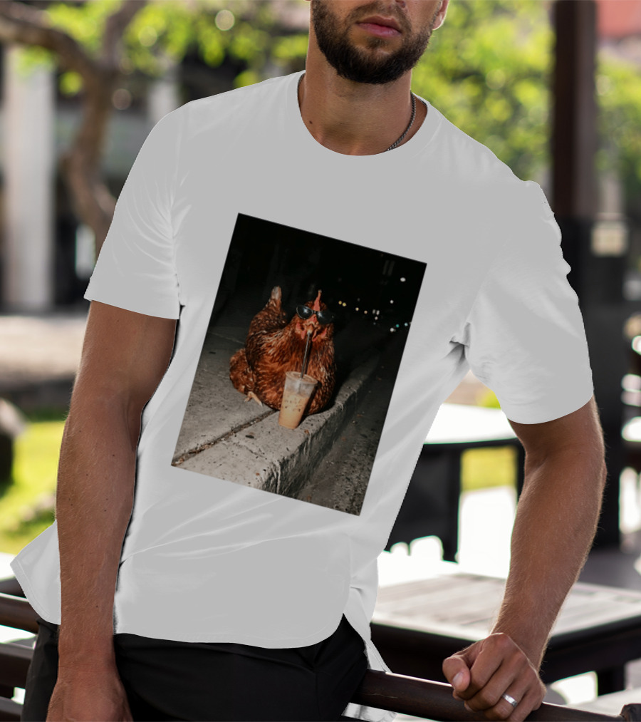 Chicken Wearing Sunglasses Drinking Iced Coffee At Night T-Shirt