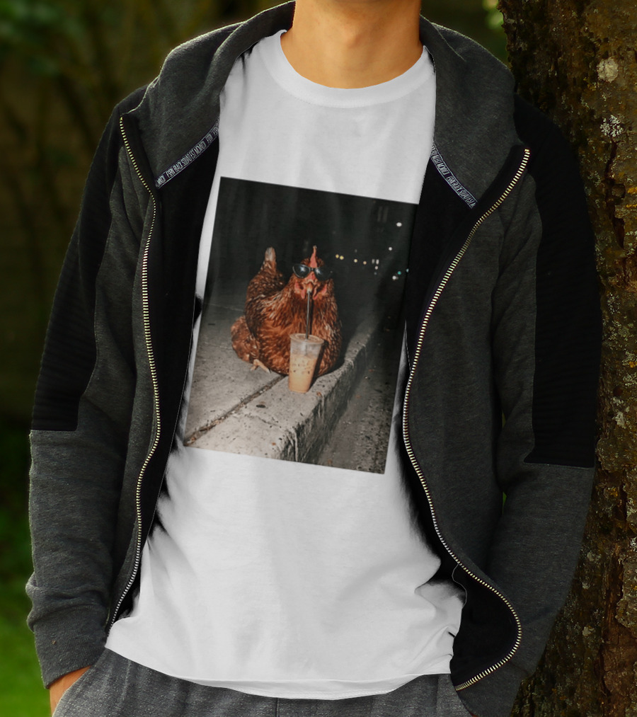 Chicken Wearing Sunglasses Drinking Iced Coffee At Night T-Shirt