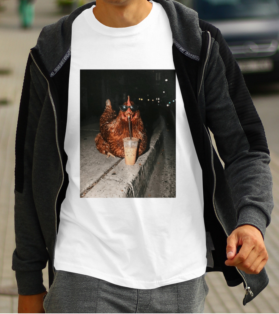 Chicken Wearing Sunglasses Drinking Iced Coffee At Night T-Shirt