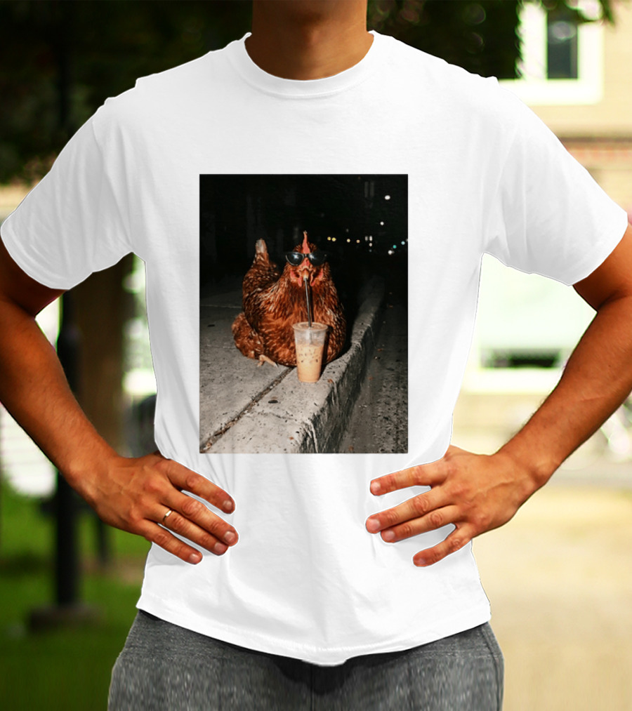 Chicken Wearing Sunglasses Drinking Iced Coffee At Night T-Shirt