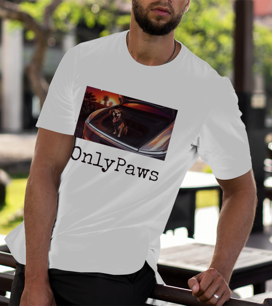 OnlyPaws Dog In Car Trunk At Sunset Desert Scene T-Shirt