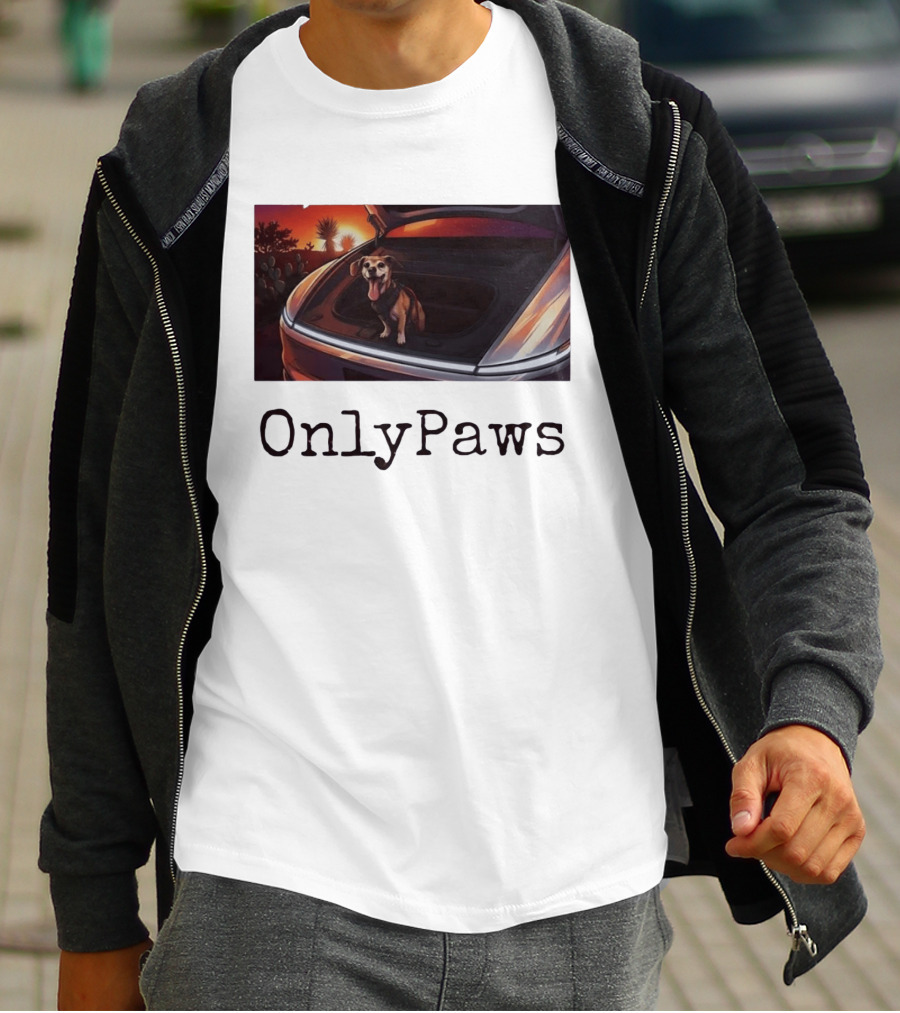OnlyPaws Dog In Car Trunk At Sunset Desert Scene T-Shirt
