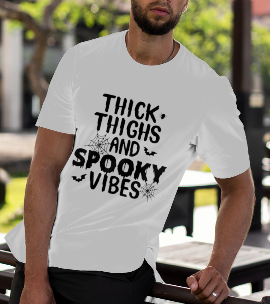 Thick Thighs And Spooky Vibes Halloween 2025 Cartoon With Bats And Spiderwebs T-Shirt