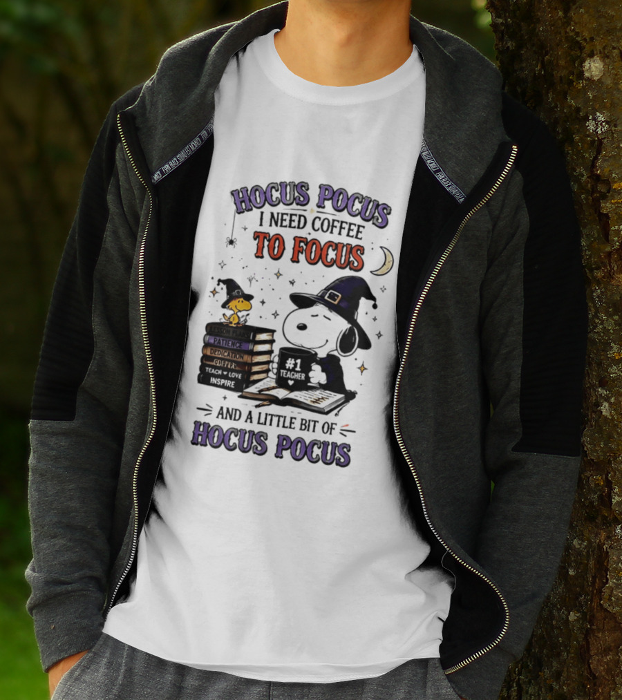 Snoopy Witch Hocus Pocus I Need Coffee To Focus No 1 Teacher Peanuts Halloween T-Shirt