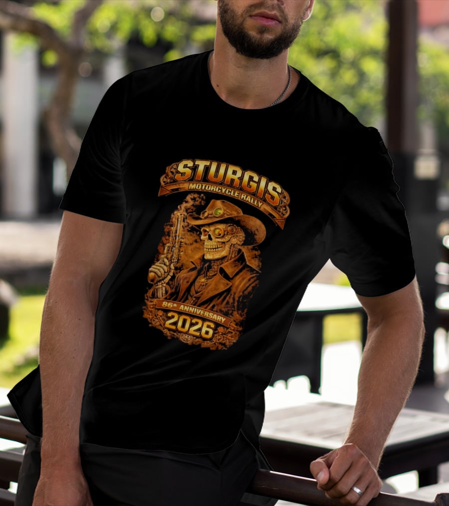 Sturgis Motorcycle Rally 2026 86th Anniversary Steampunk Cowboy Skull T-Shirt
