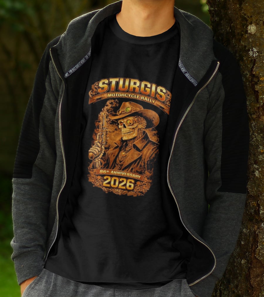 Sturgis Motorcycle Rally 2026 86th Anniversary Steampunk Cowboy Skull T-Shirt