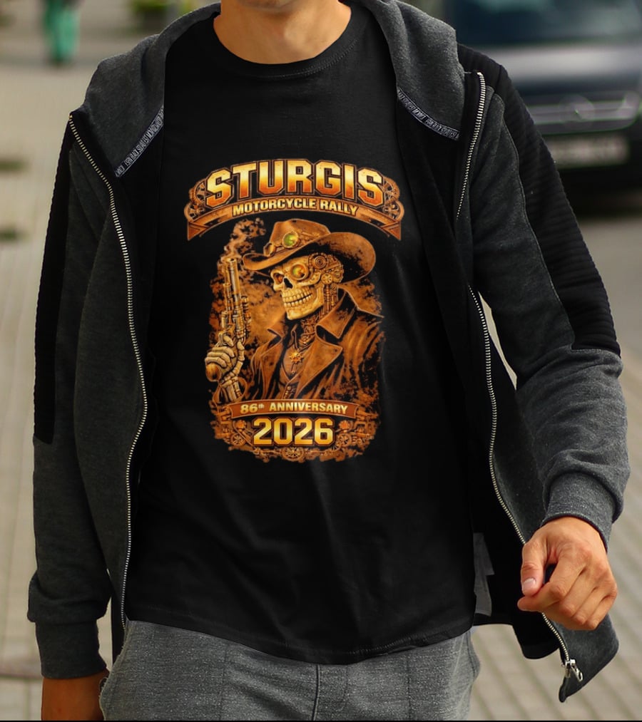 Sturgis Motorcycle Rally 2026 86th Anniversary Steampunk Cowboy Skull T-Shirt
