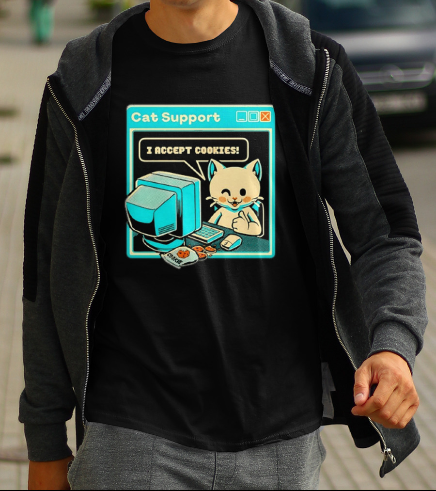 Cat Support I Accept Cookies Computer Cartoon Comic T-Shirt