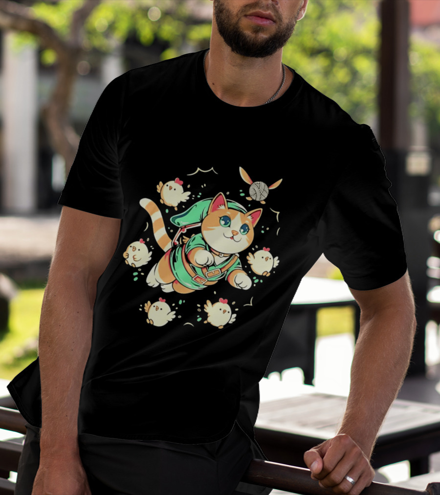 Fantasy Adventurer Cat In Green Tunic With Chickens And Yarn Ball T-Shirt