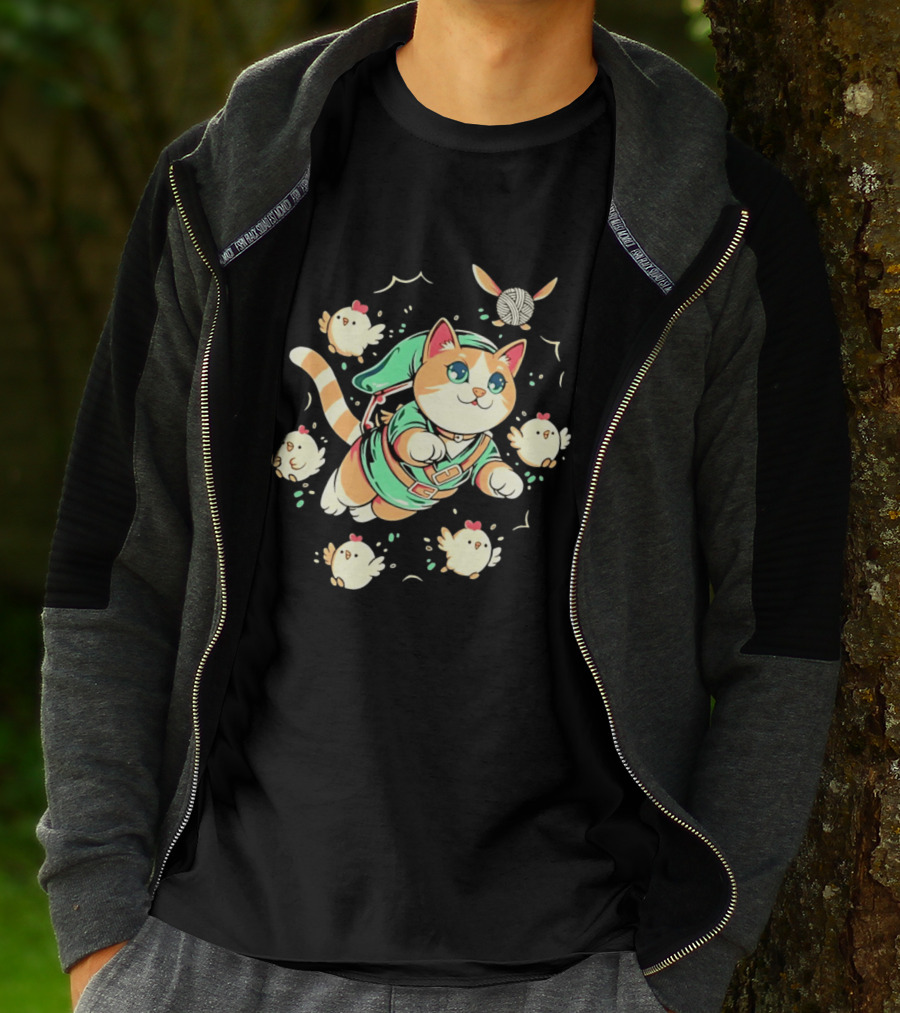 Fantasy Adventurer Cat In Green Tunic With Chickens And Yarn Ball T-Shirt