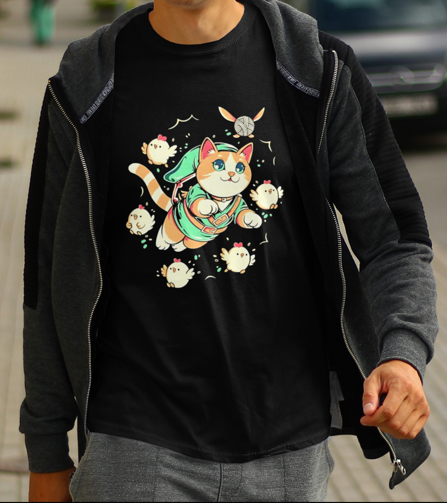 Fantasy Adventurer Cat In Green Tunic With Chickens And Yarn Ball T-Shirt