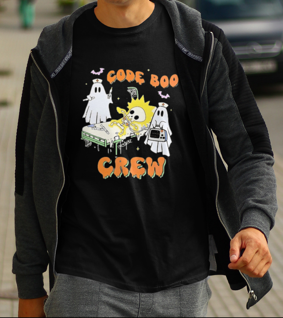 Code Boo Crew Halloween Ghost Nurse Skeleton Scene T-Shirt