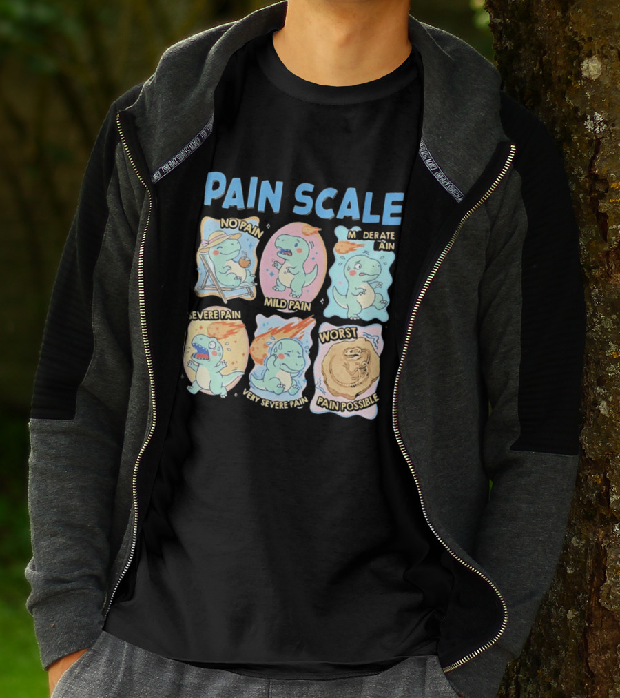 Pain Scale Cartoon Dinosaur Chart No Pain To Worst Pain Possible T-Shirt