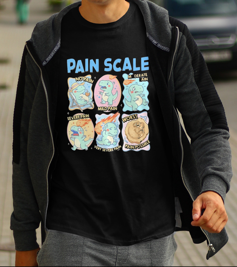 Pain Scale Cartoon Dinosaur Chart No Pain To Worst Pain Possible T-Shirt