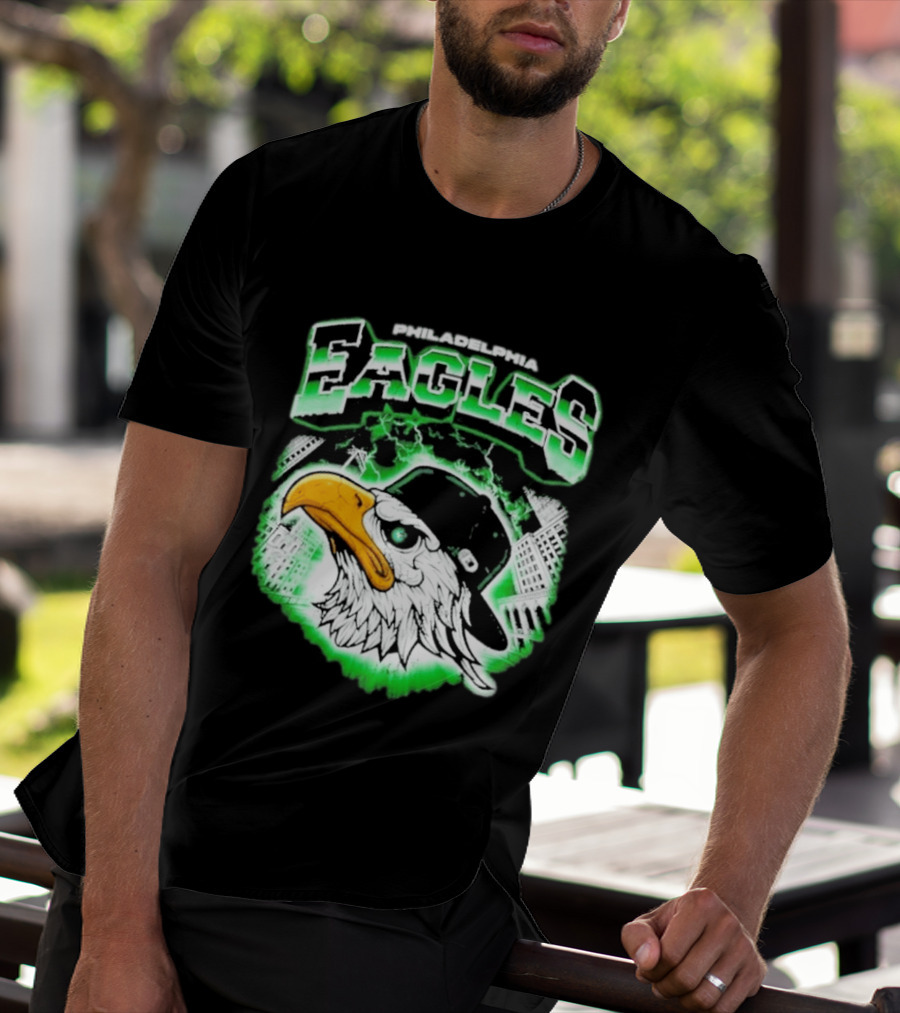 Philadelphia Eagles Mascot With Baseball Cap And City Skyline T-Shirt