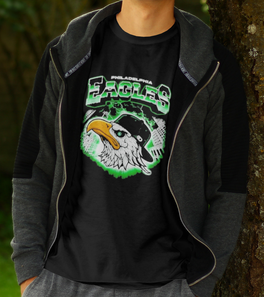 Philadelphia Eagles Mascot With Baseball Cap And City Skyline T-Shirt