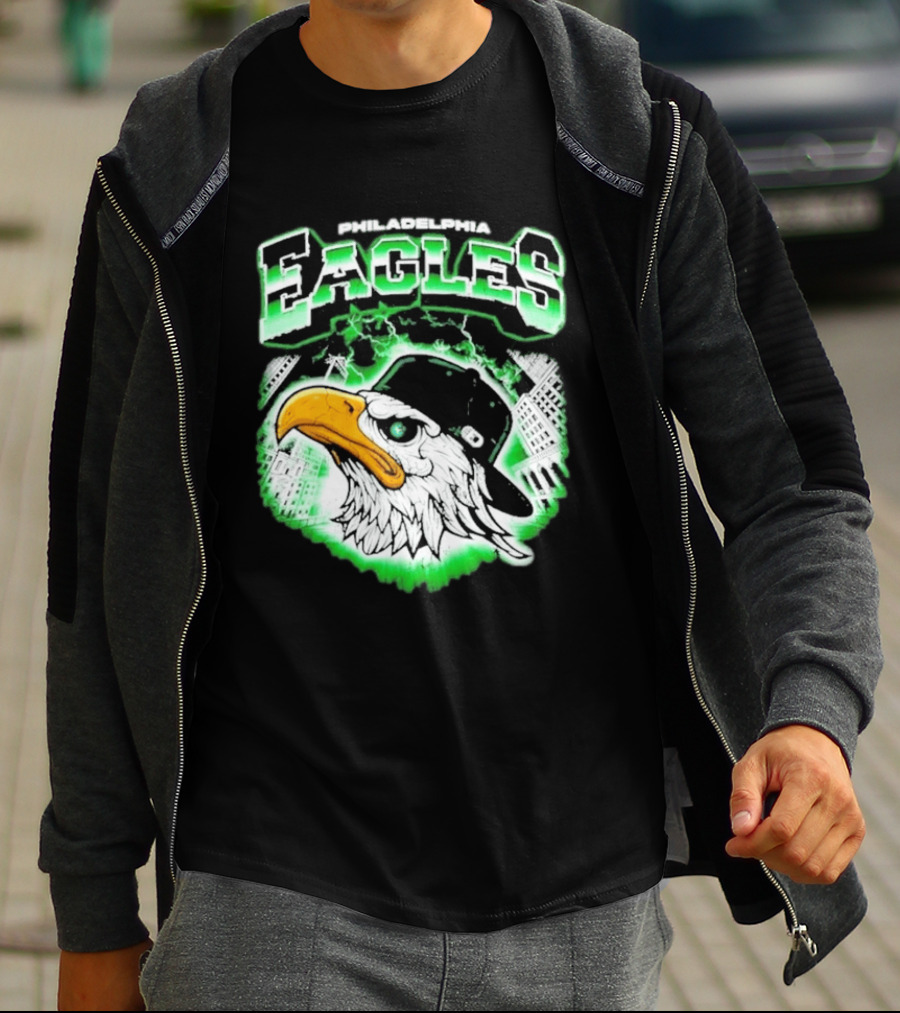 Philadelphia Eagles Mascot With Baseball Cap And City Skyline T-Shirt