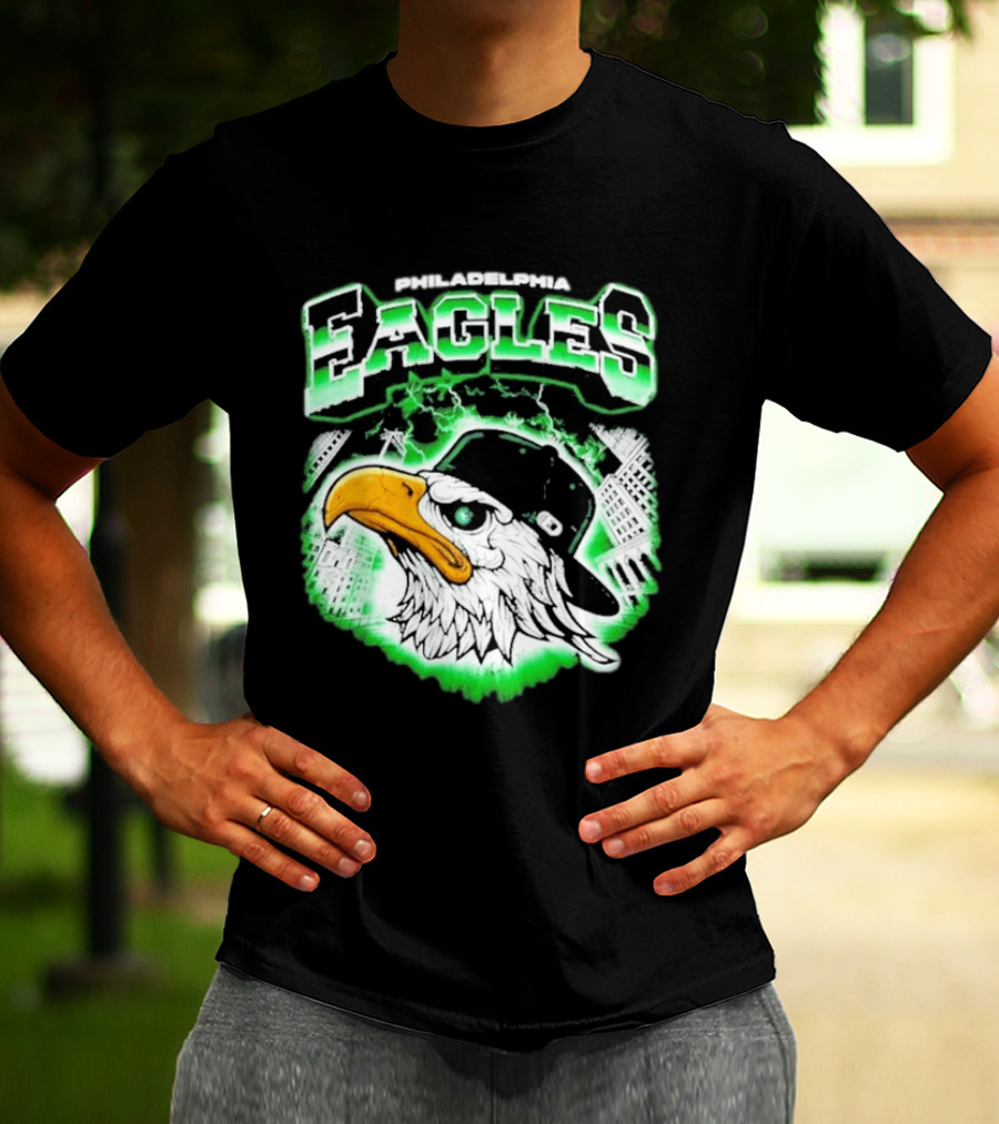 Philadelphia Eagles Mascot With Baseball Cap And City Skyline T-Shirt