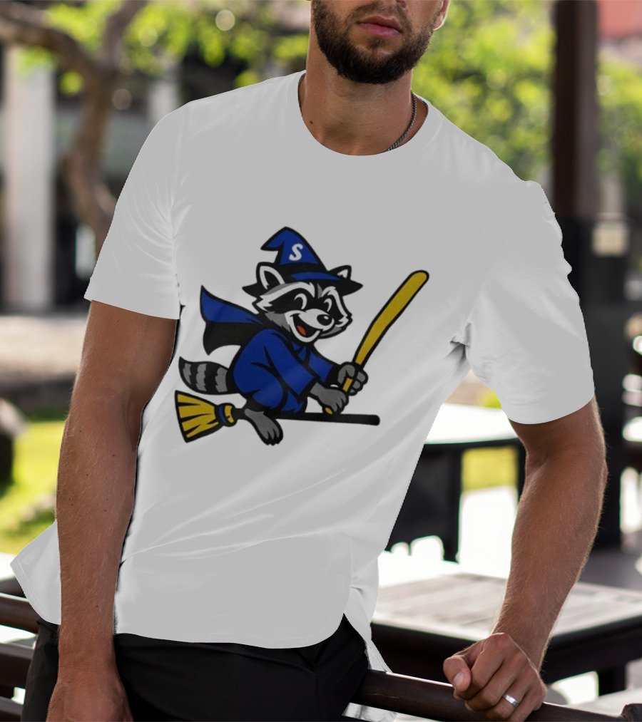 Seattle Mariners Jimothy The Etsy Witch Raccoon Flying Broomstick T-Shirt