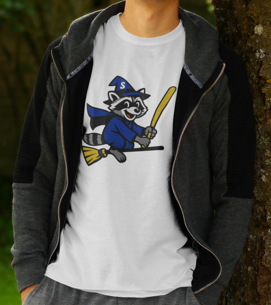 Seattle Mariners Jimothy The Etsy Witch Raccoon Flying Broomstick T-Shirt