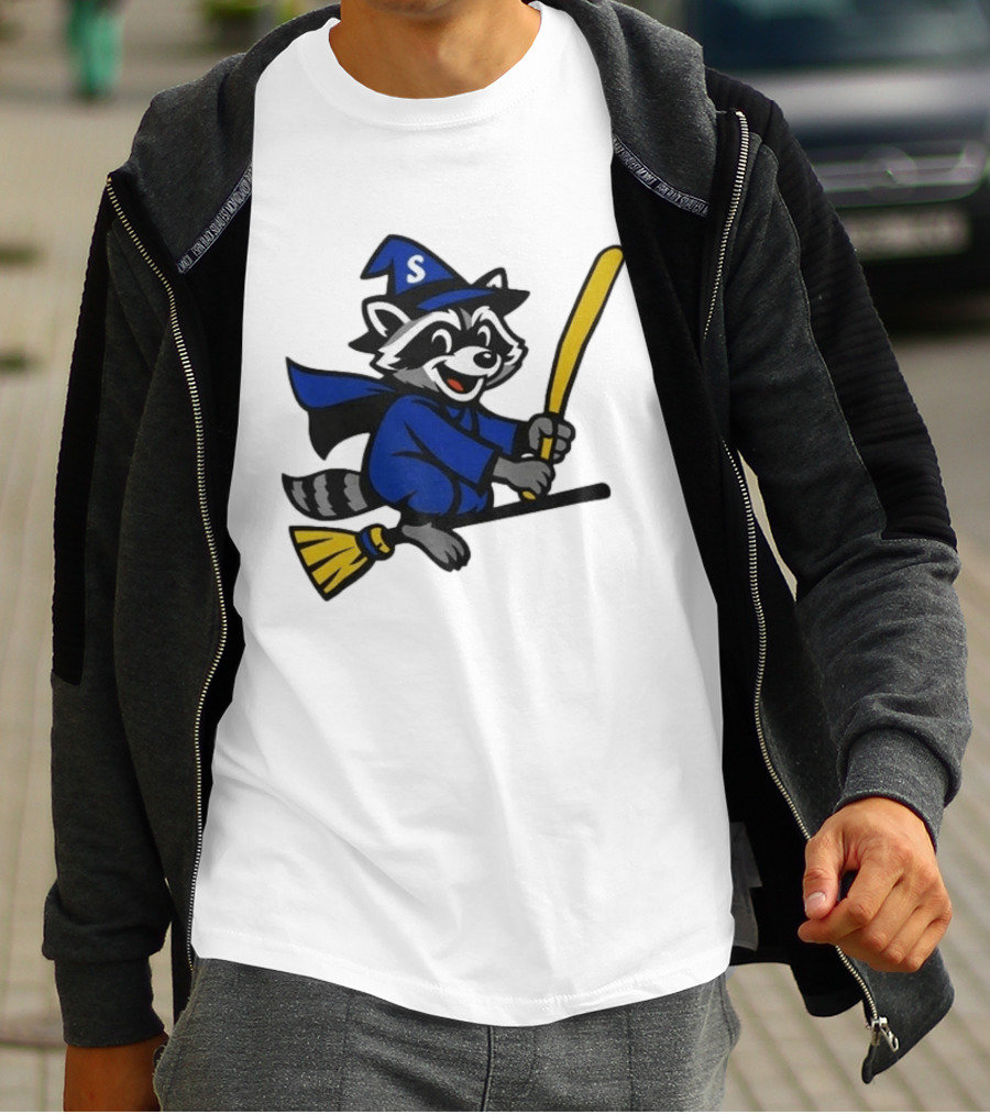 Seattle Mariners Jimothy The Etsy Witch Raccoon Flying Broomstick T-Shirt