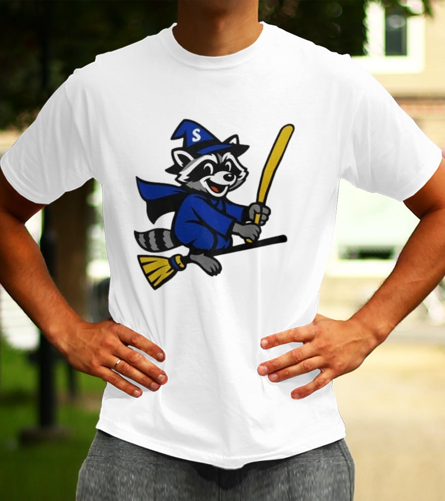 Seattle Mariners Jimothy The Etsy Witch Raccoon Flying Broomstick T-Shirt