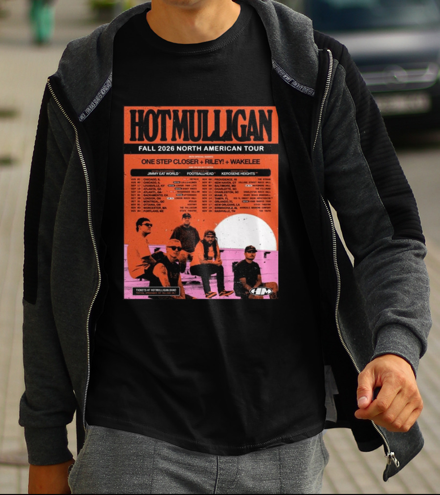 Hot Mulligan Fall 2026 Tour Dates With One Step Closer Riley Wakelee Jimmy Eat World Footballhead Kerosene Heights T-Shirt