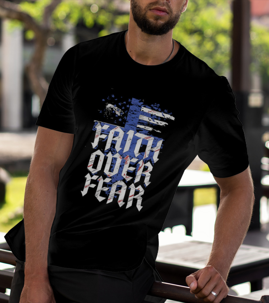 Faith Over Fear Distressed American Flag Cross T-Shirt