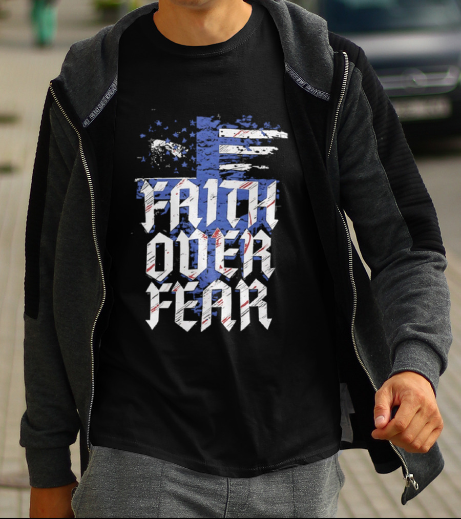 Faith Over Fear Distressed American Flag Cross T-Shirt