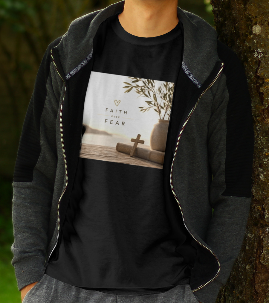 Faith Over Fear Christian Cross Heart With Bible And Olive Branches T-Shirt