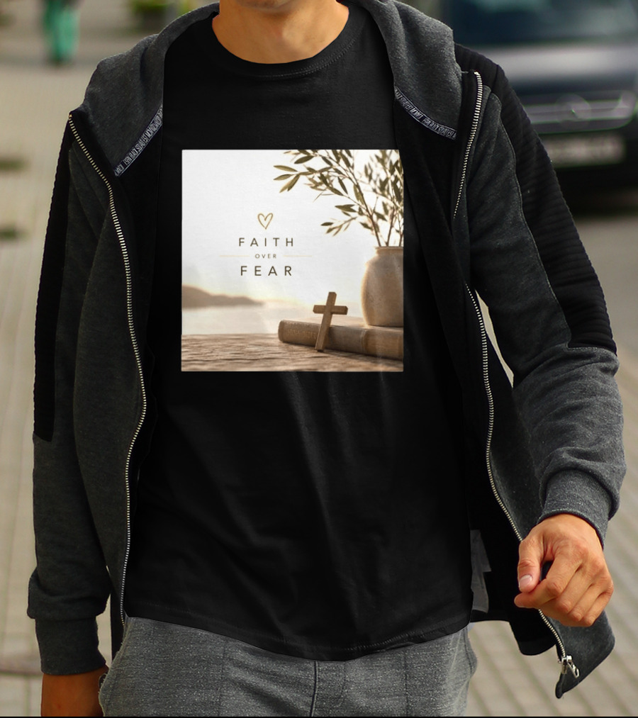 Faith Over Fear Christian Cross Heart With Bible And Olive Branches T-Shirt