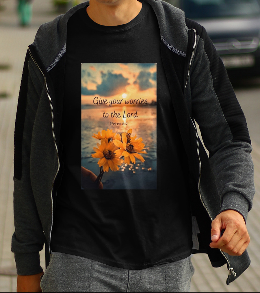 Give Your Worries To The Lord 1 Peter 5:7 Yellow Flowers At Sunset With Ocean T-Shirt