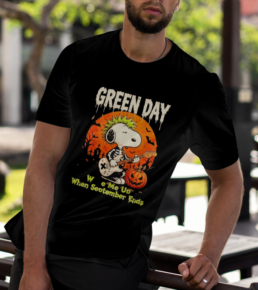 Green Day Snoopy Skeleton Guitar Wake Me Up When September Ends Halloween Pumpkin T-Shirt