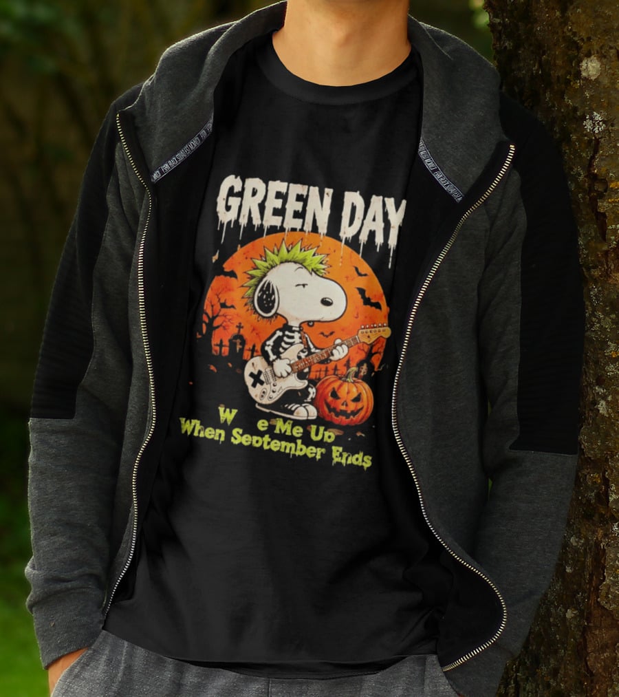 Green Day Snoopy Skeleton Guitar Wake Me Up When September Ends Halloween Pumpkin T-Shirt