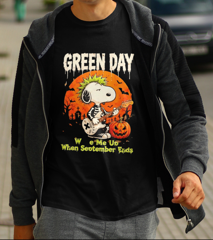 Green Day Snoopy Skeleton Guitar Wake Me Up When September Ends Halloween Pumpkin T-Shirt