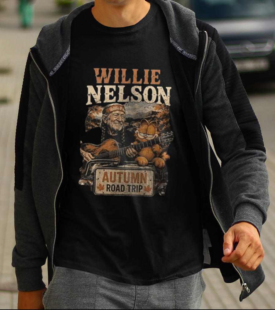 Willie Nelson Autumn Road Trip With Orange Cat T-Shirt