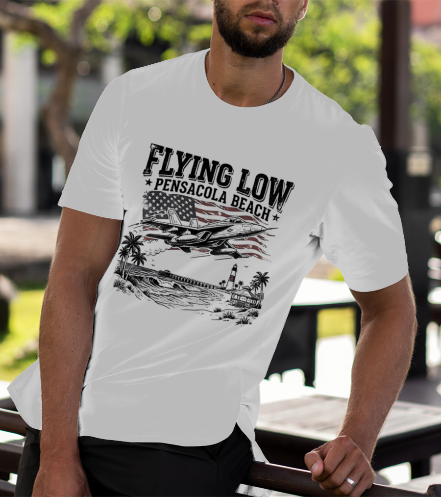 Flying Low Pensacola Beach American Flag Fighter Jet Scenic Beach View T-Shirt