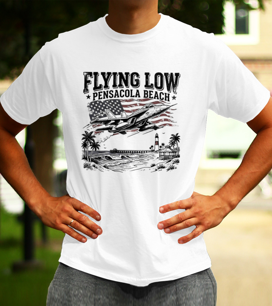 Flying Low Pensacola Beach American Flag Fighter Jet Scenic Beach View T-Shirt