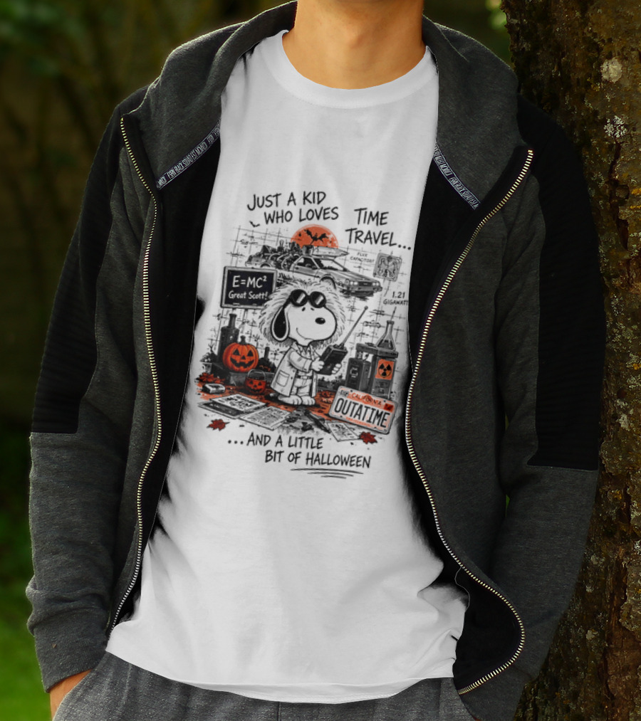 Snoopy Just A Kid Who Loves Time Travel Halloween Pumpkin Scene T-Shirt