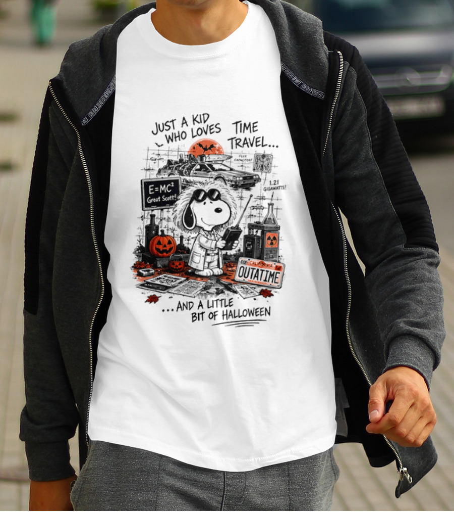 Snoopy Just A Kid Who Loves Time Travel Halloween Pumpkin Scene T-Shirt